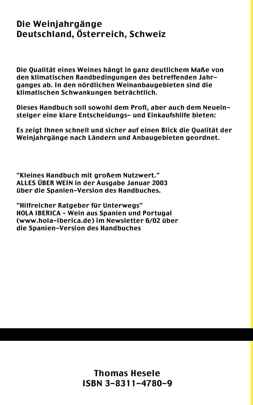 Rückseitencover Die Weinjahrgänge Deutschland, Österreich, Schweiz