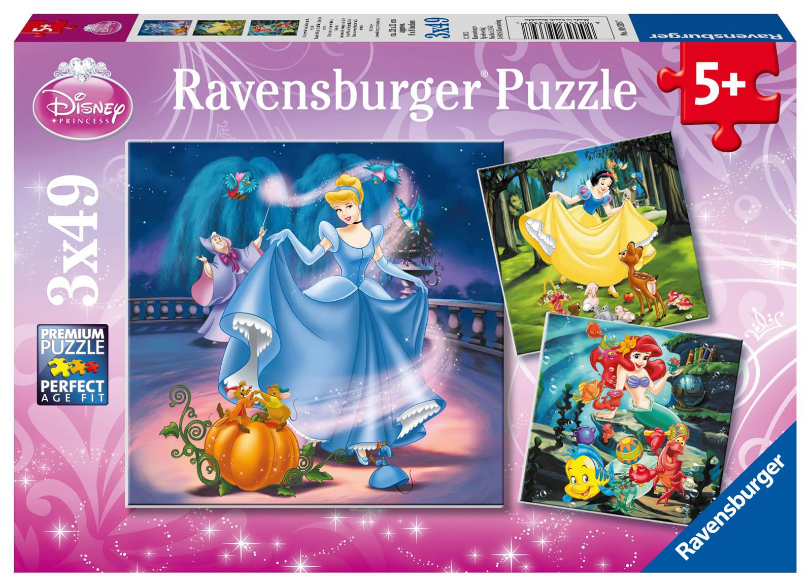 Vorderes Coverbild Disney Princess: Schneewittchen, Aschenputtel, Arielle. Puzzle 3 x 49 Teile