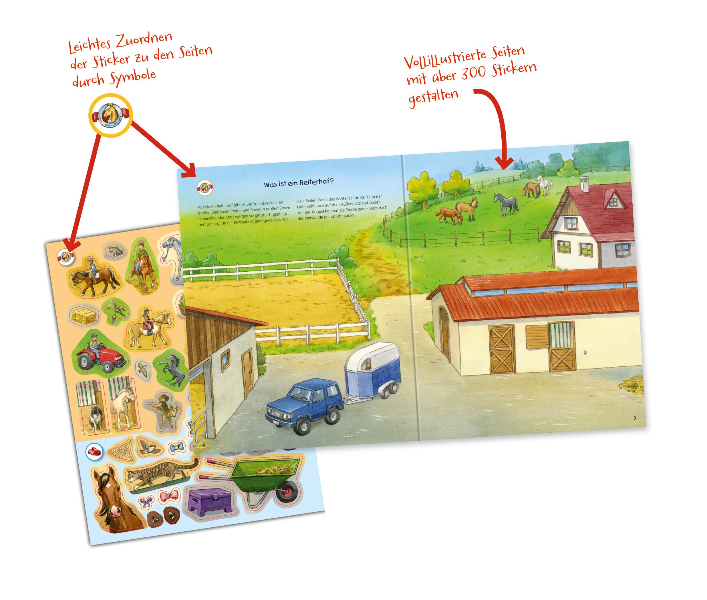 Beispielinhalt (Bild) Wieso? Weshalb? Warum? Stickerheft:  Pferde