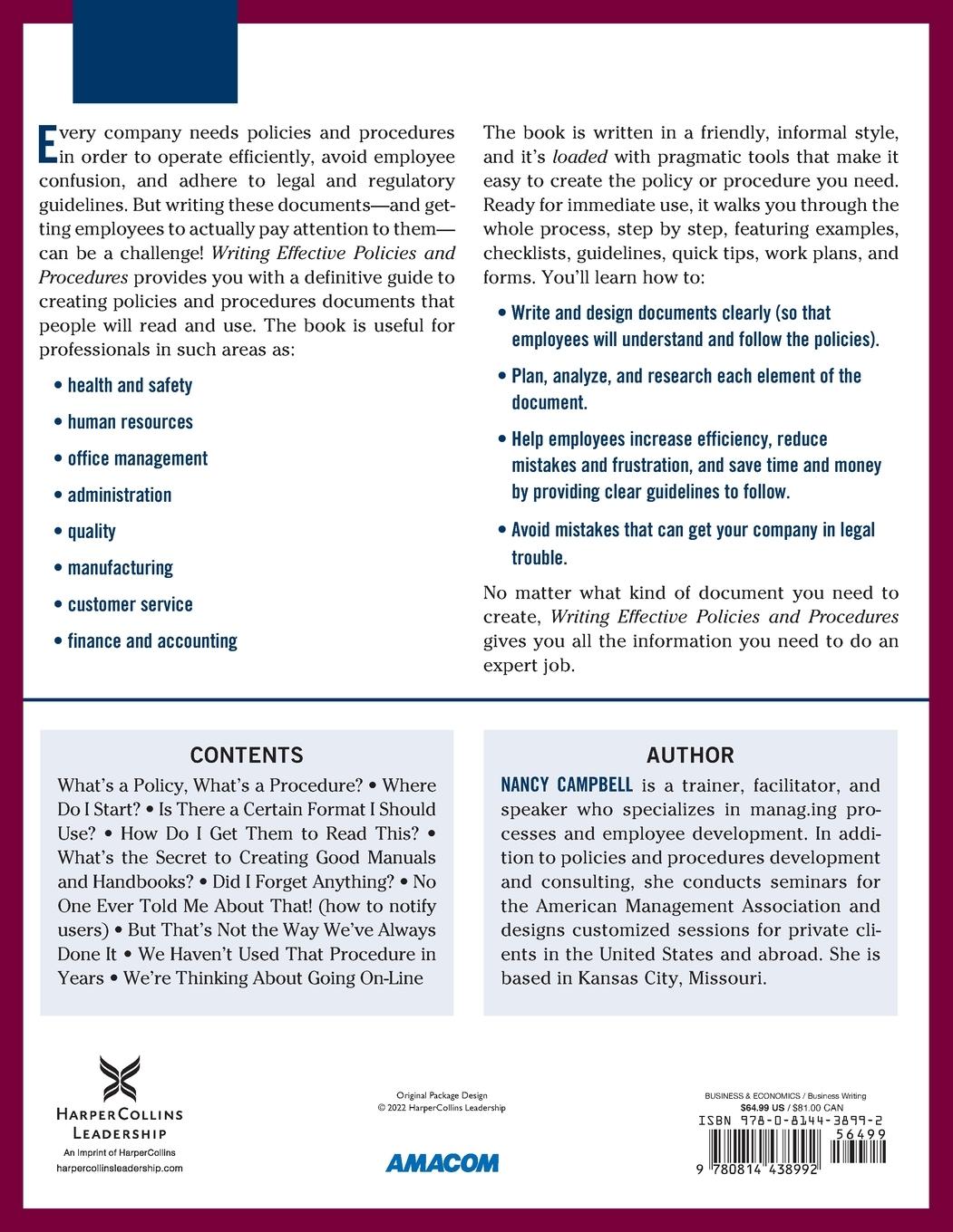 Rückseitencover Writing Effective Policies and Procedures