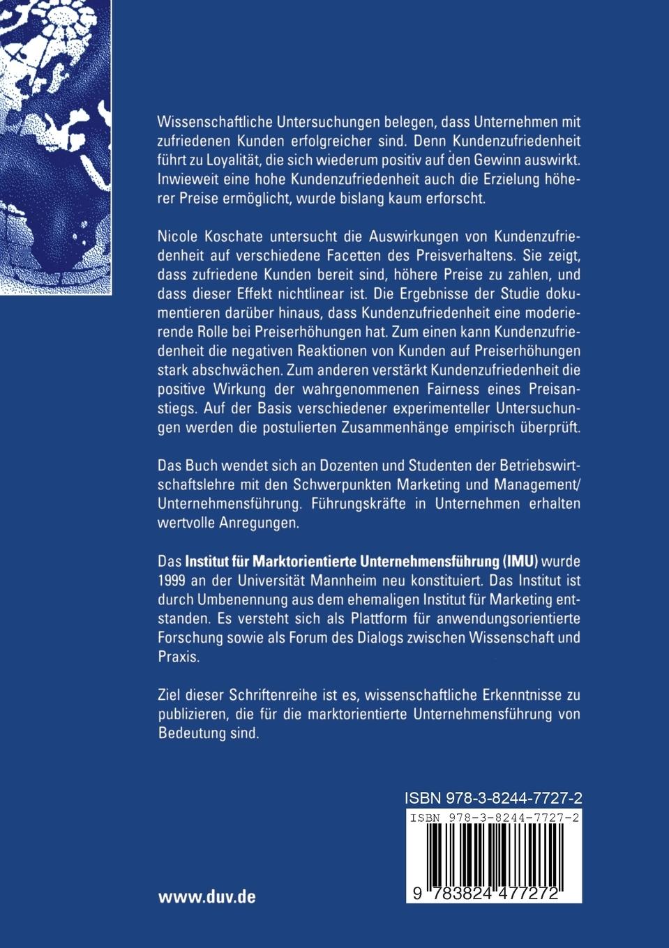 Rückseitencover Kundenzufriedenheit und Preisverhalten