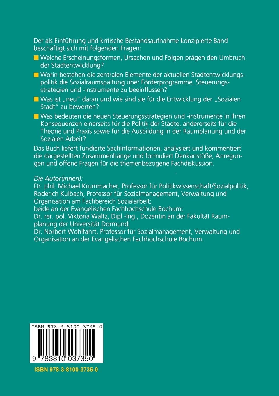 Rückseitencover Soziale Stadt - Sozialraumentwicklung - Quartiersmanagement