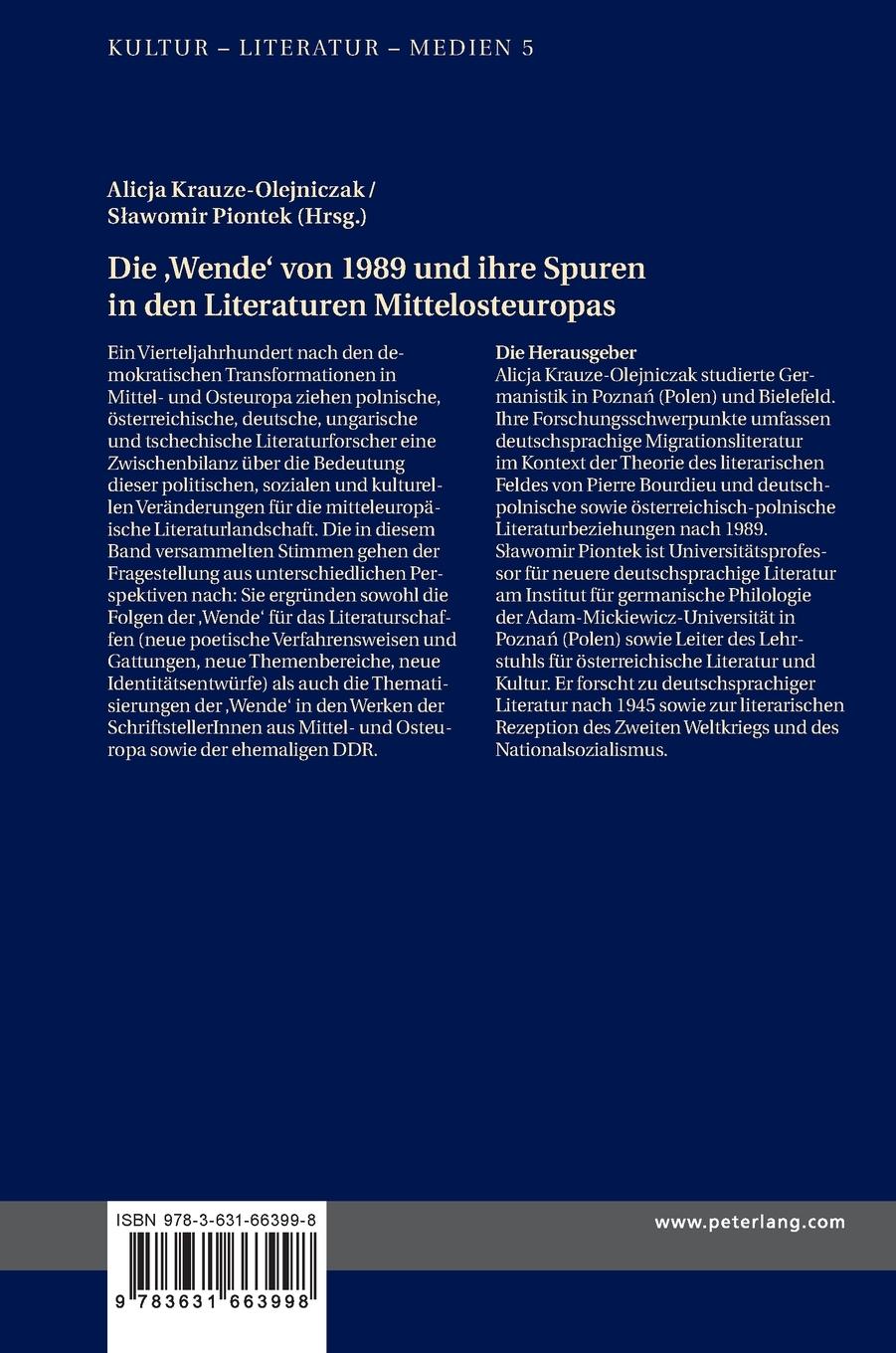 Rückseitencover Die 'Wende' von 1989 und ihre Spuren in den Literaturen Mittelosteuropas