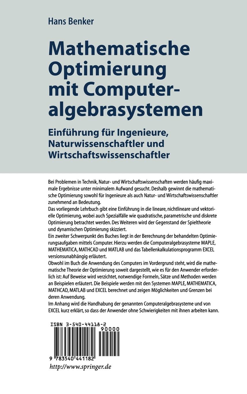 Rückseitencover Mathematische Optimierung mit Computeralgebrasystemen