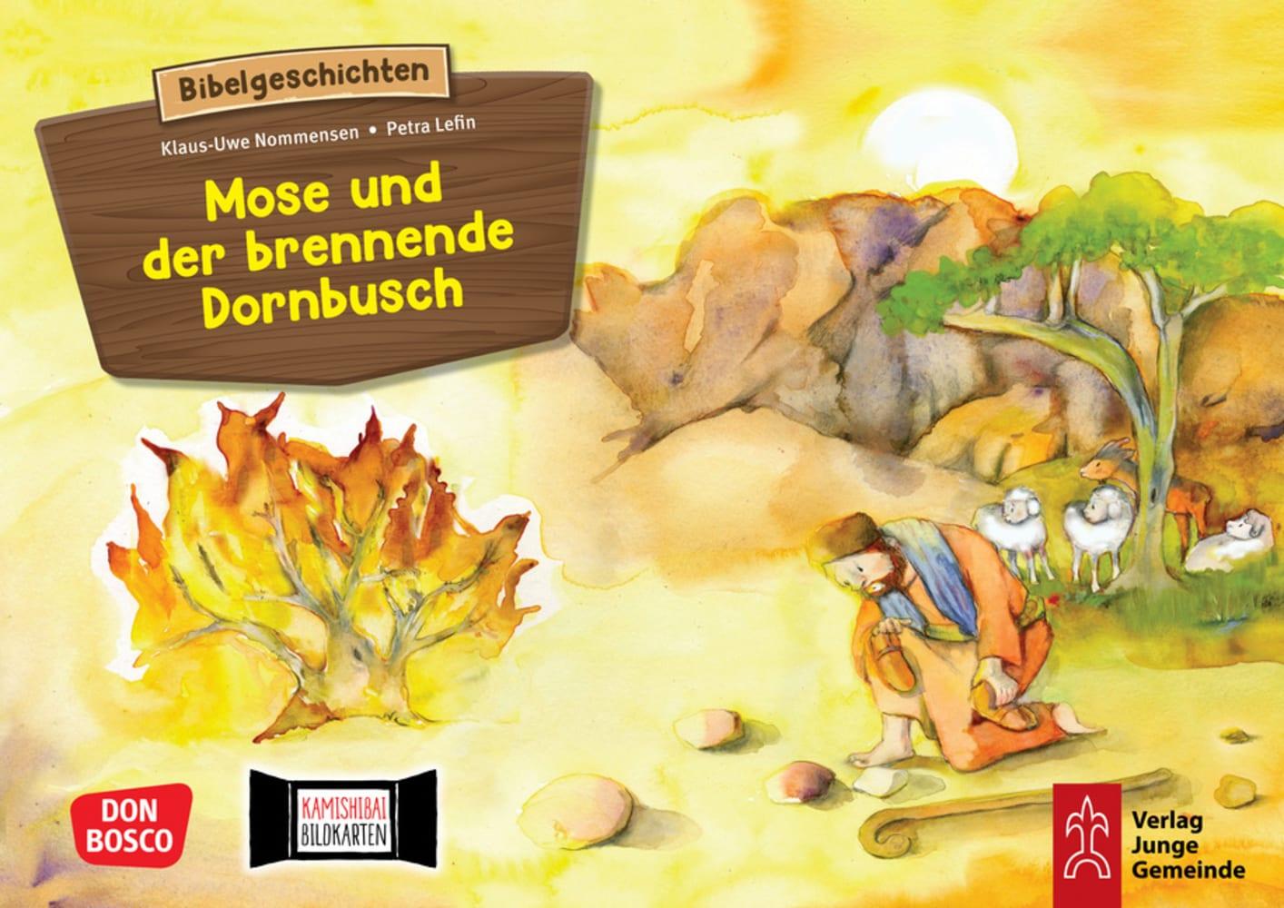 Vorderes Coverbild Mose und der brennende Dornbusch. Exodus Teil 4. Kamishibai Bildkartenset.