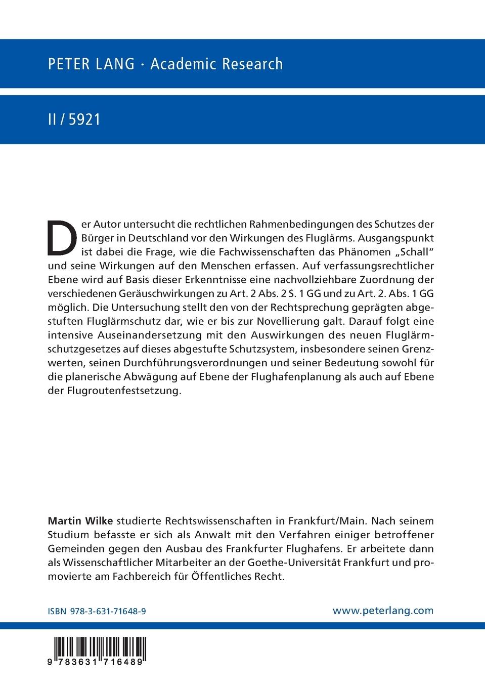 Rückseitencover Der Schutz vor den Wirkungen des Fluglärms auf den Menschen nach der Novellierung des FluLärmG