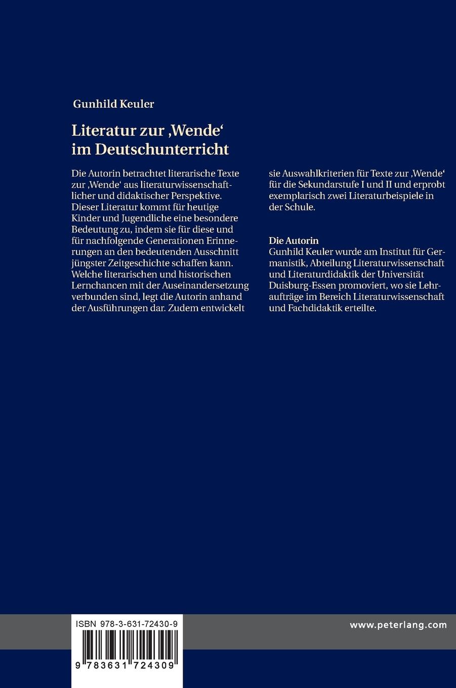 Rückseitencover Literatur zur 'Wende' im Deutschunterricht