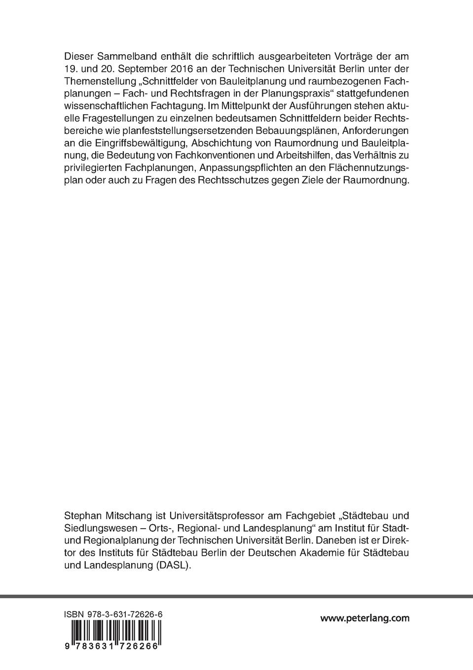 Rückseitencover Schnittfelder von Bauleitplanung und raumbezogenen Fachplanungen