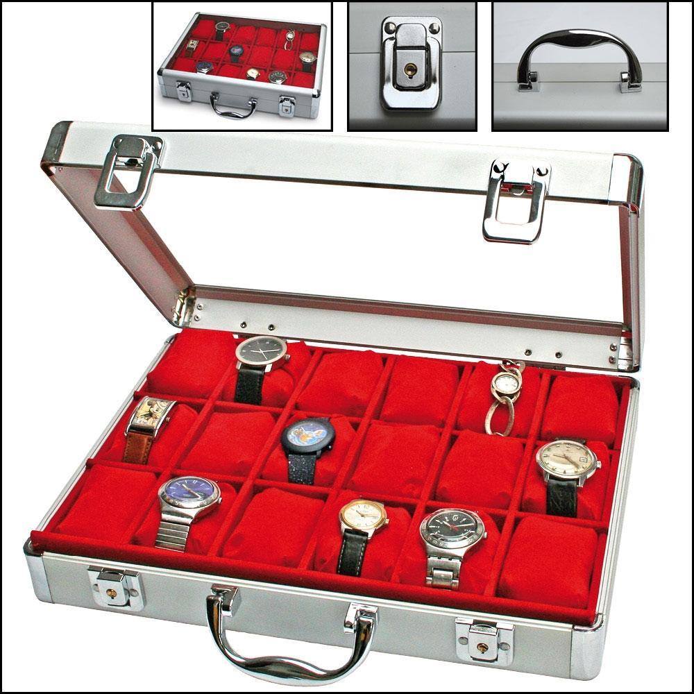 Vorderes Coverbild Uhrenkoffer Alu, innen rot, für 18 Uhren