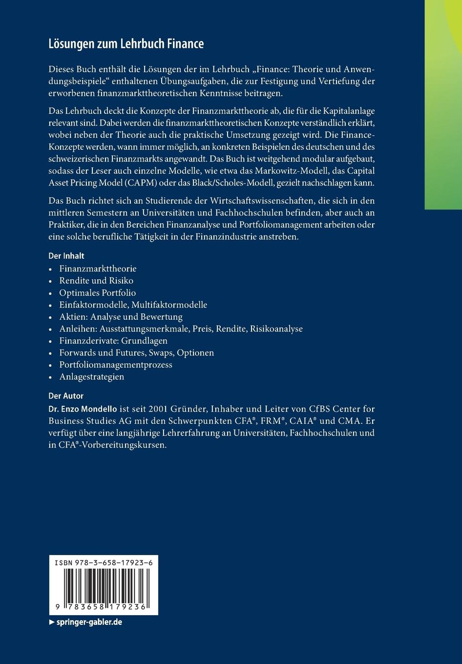 Rückseitencover Lösungen zum Lehrbuch Finance