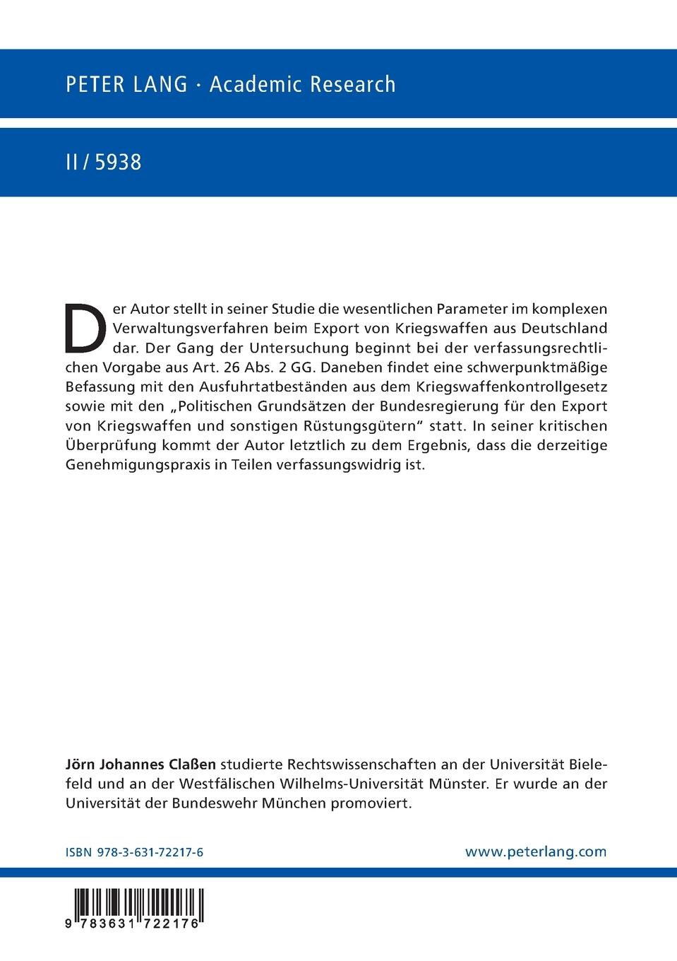 Rückseitencover Das Kontrollverfahren beim Export von Kriegswaffen aus Deutschland