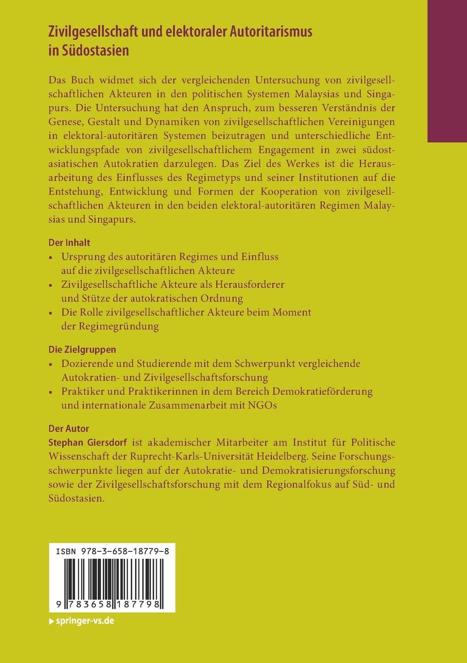 Rückseitencover Zivilgesellschaft und elektoraler Autoritarismus in Südostasien