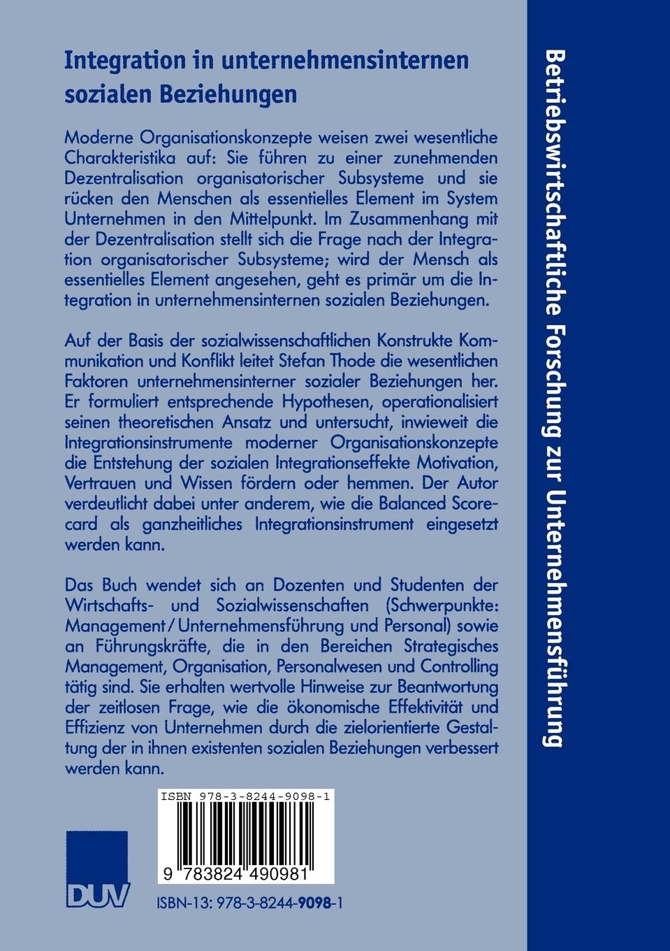 Rückseitencover Integration in unternehmensinternen sozialen Beziehungen