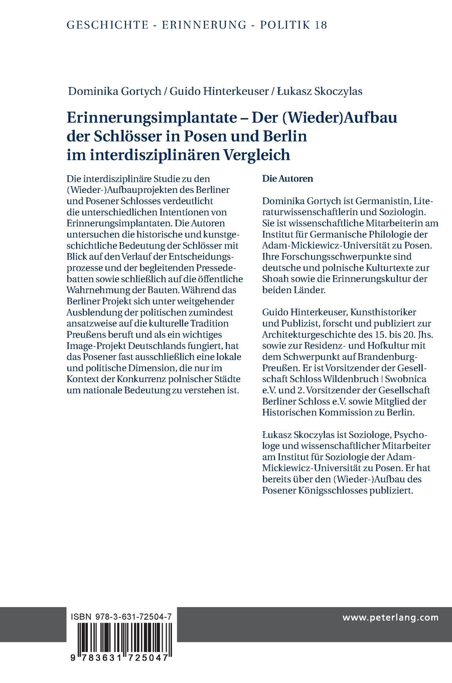 Rückseitencover Erinnerungsimplantate - Der  (Wieder-)Aufbau der Schlösser in Posen und Berlin im interdisziplinären Vergleich
