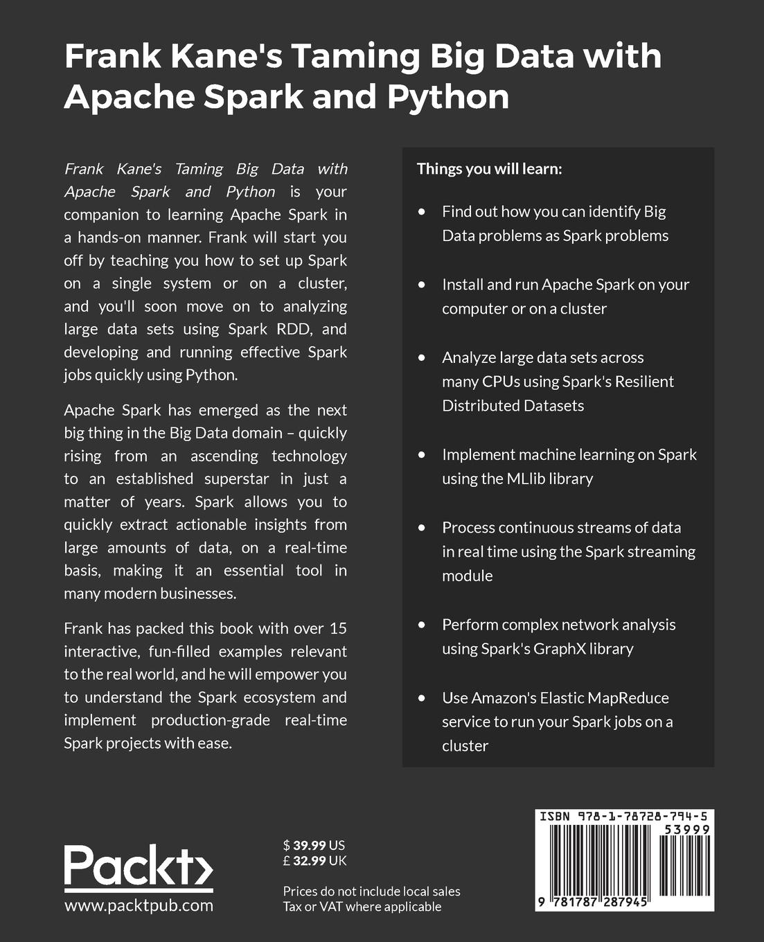 Rückseitencover Frank Kane's Taming Big Data with Apache Spark and Python