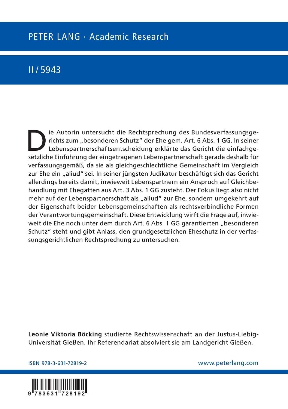 Rückseitencover Der 'besondere Schutz' der Ehe gem. Art. 6 Abs. 1 GG in der Rechtsprechung des Bundesverfassungsgerichts