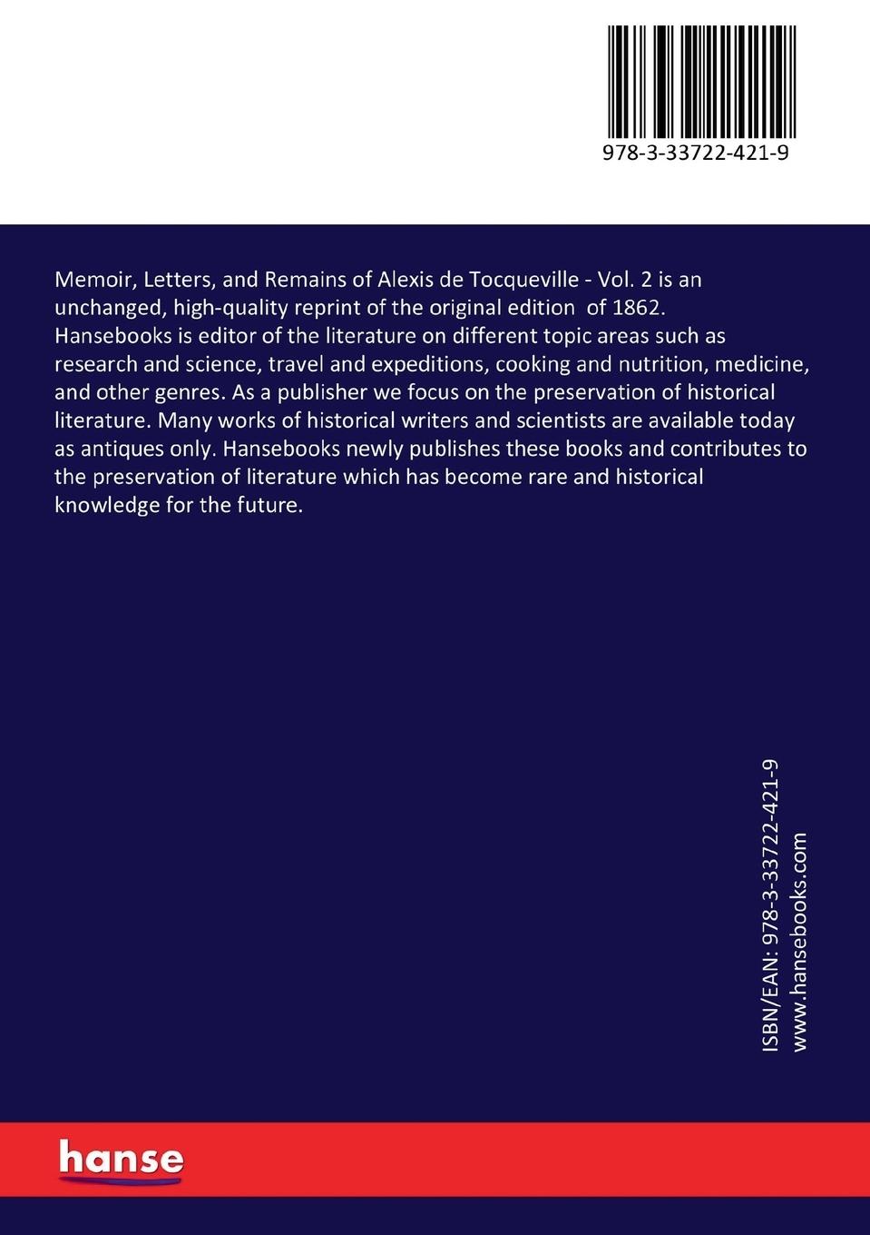 Rückseitencover Memoir, Letters, and Remains of Alexis de Tocqueville