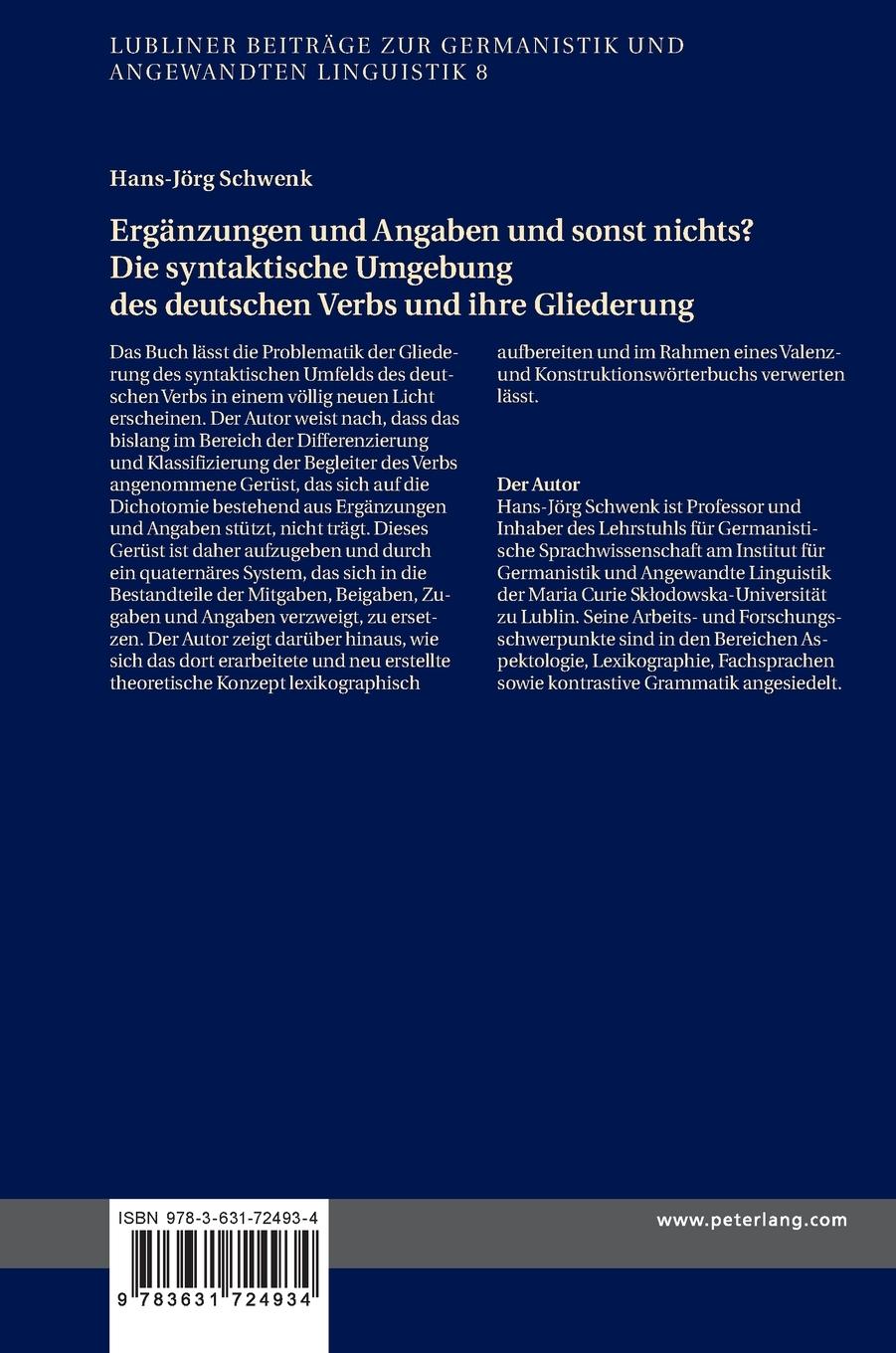 Rückseitencover Ergänzungen und Angaben und sonst nichts? Die syntaktische Umgebung des deutschen Verbs und ihre Gliederung