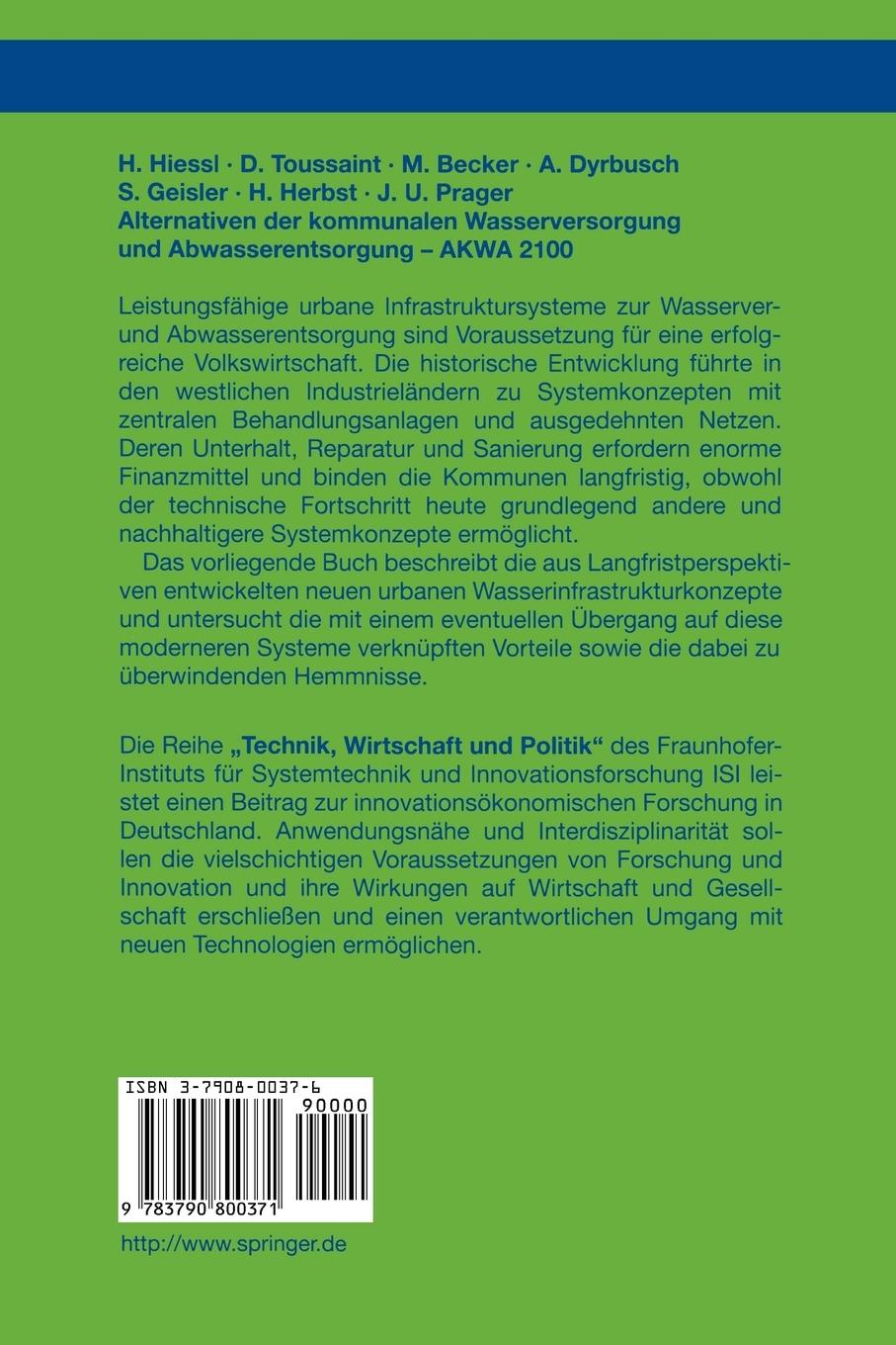 Rückseitencover Alternativen der kommunalen Wasserversorgung und Abwasserentsorgung AKWA 2100