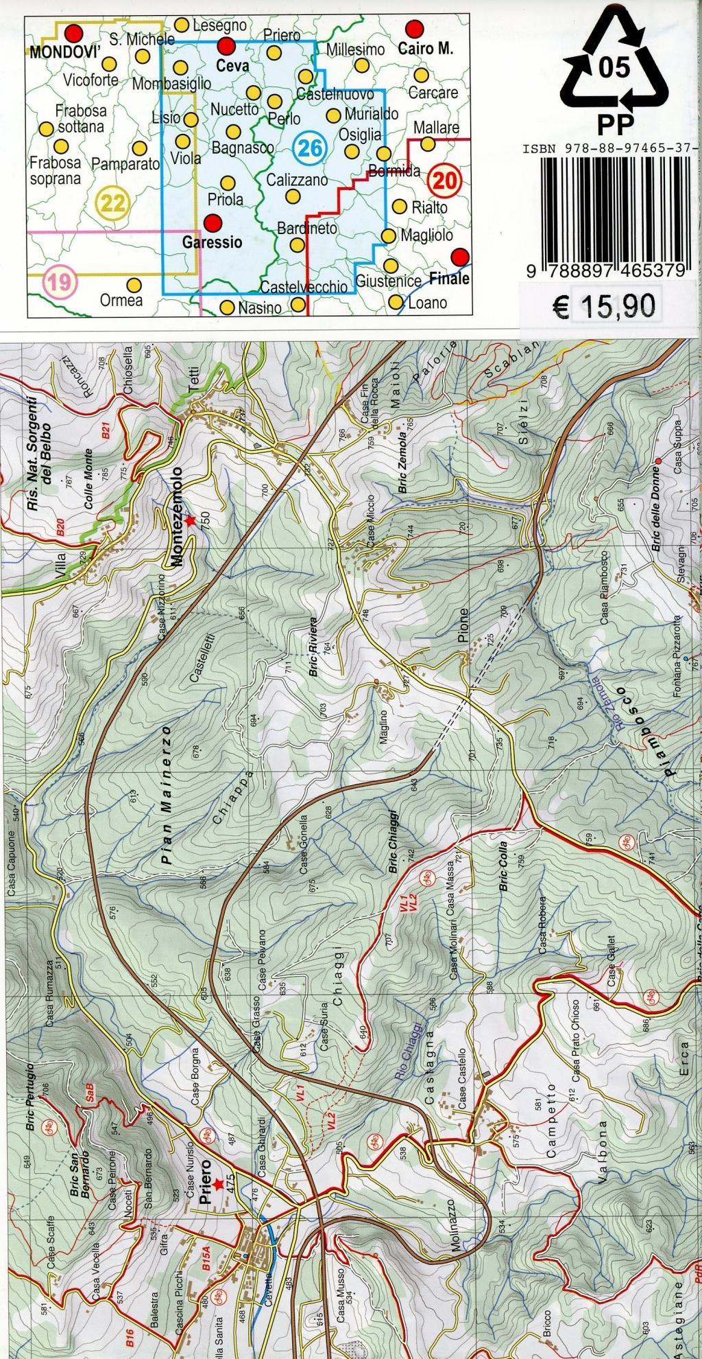 Beispielinhalt (Bild) Carta n. 26. Bassa Val Tanaro, Val Bormida e Cebano. Carta dei sentieri e stradale 1:25.000. Adatto a GPS