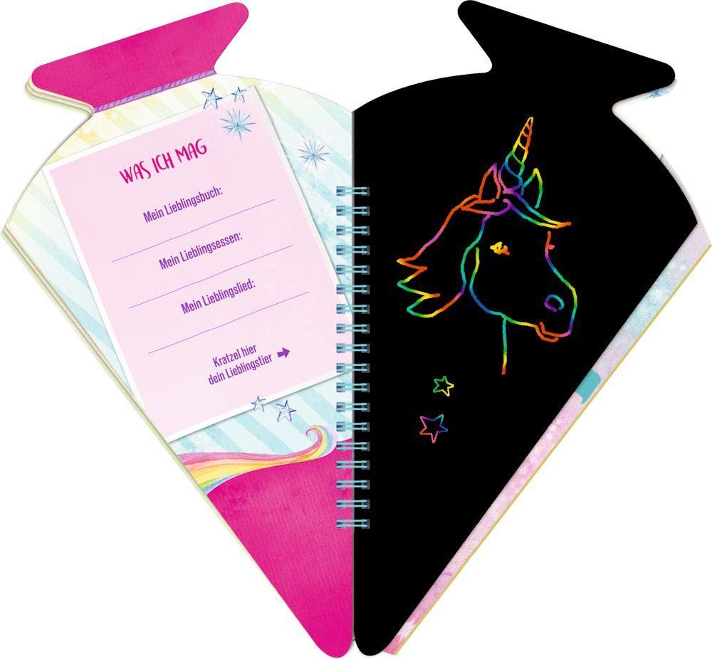 Beispielinhalt (Bild) Schultüten-Kratzelbuch - Einhorn-Paradies - Hurra, endlich Schule!