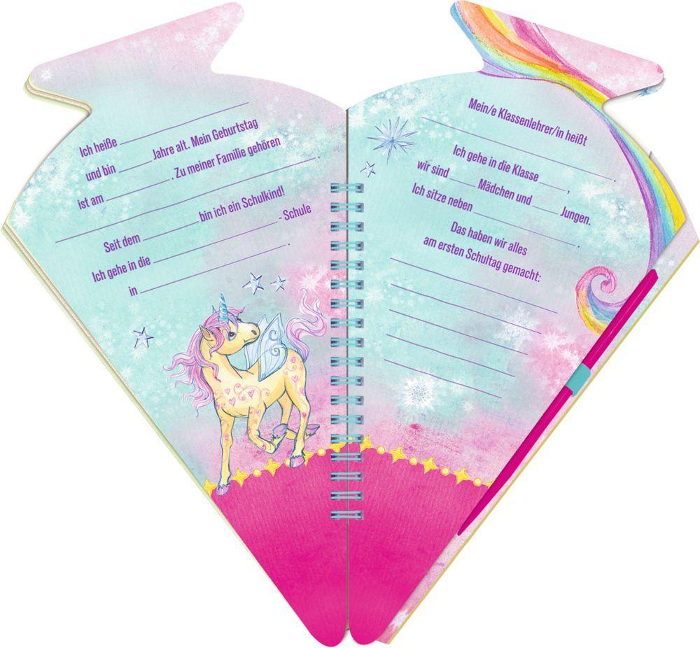 Beispielinhalt (Bild) Schultüten-Kratzelbuch - Einhorn-Paradies - Hurra, endlich Schule!