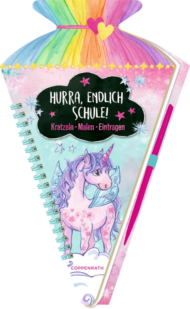 Vorderes Coverbild Schultüten-Kratzelbuch - Einhorn-Paradies - Hurra, endlich Schule!