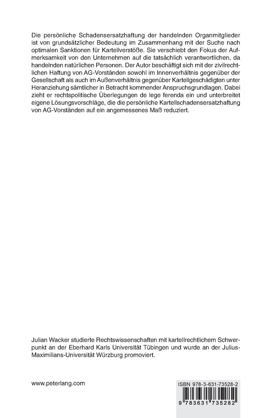 Rückseitencover Persönliche Schadensersatzhaftung von Vorstandsmitgliedern einer Aktiengesellschaft für Kartellverstöße