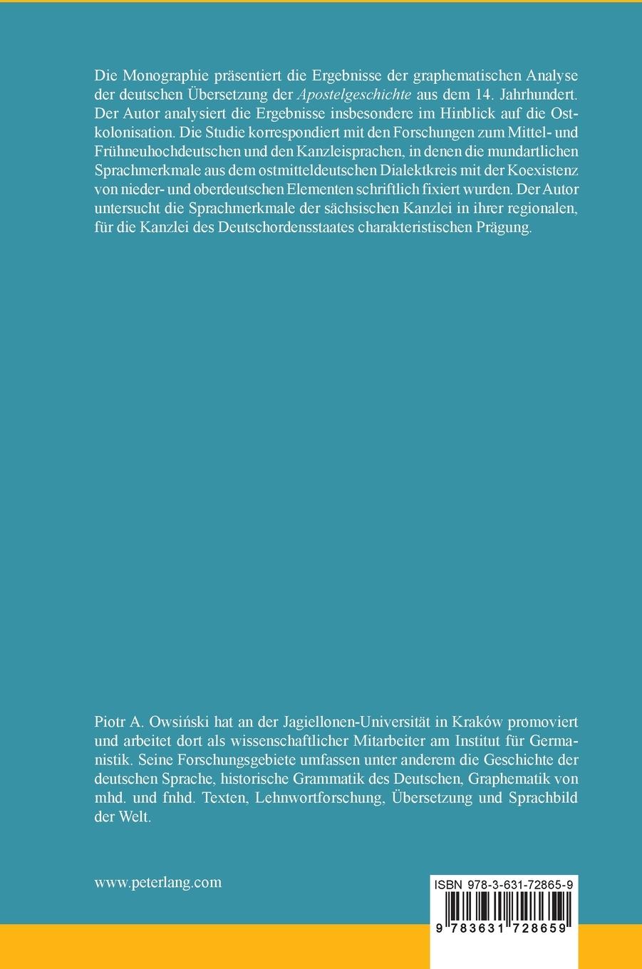 Rückseitencover Graphematische Untersuchungen zur ostdeutschen 'Apostelgeschichte' aus dem 14. Jahrhundert