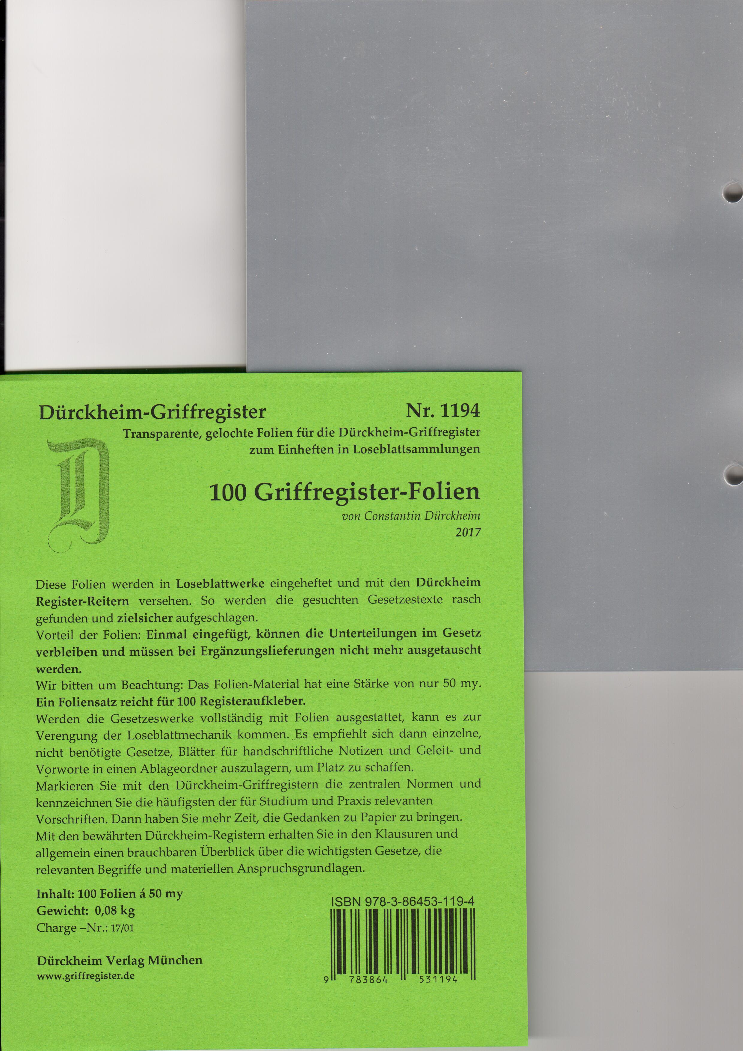 Vorderes Coverbild 100 DürckheimRegister®-FOLIEN für STEUERGESETZE u.a; zum Einheften und Unterteilen der Gesetzessammlungen
