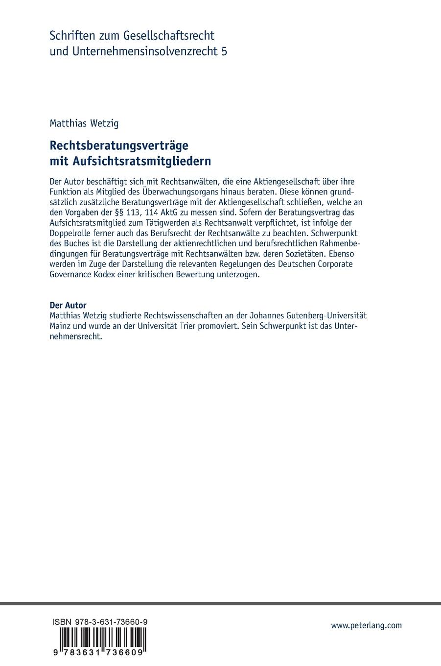 Rückseitencover Rechtsberatungsverträge mit Aufsichtsratsmitgliedern