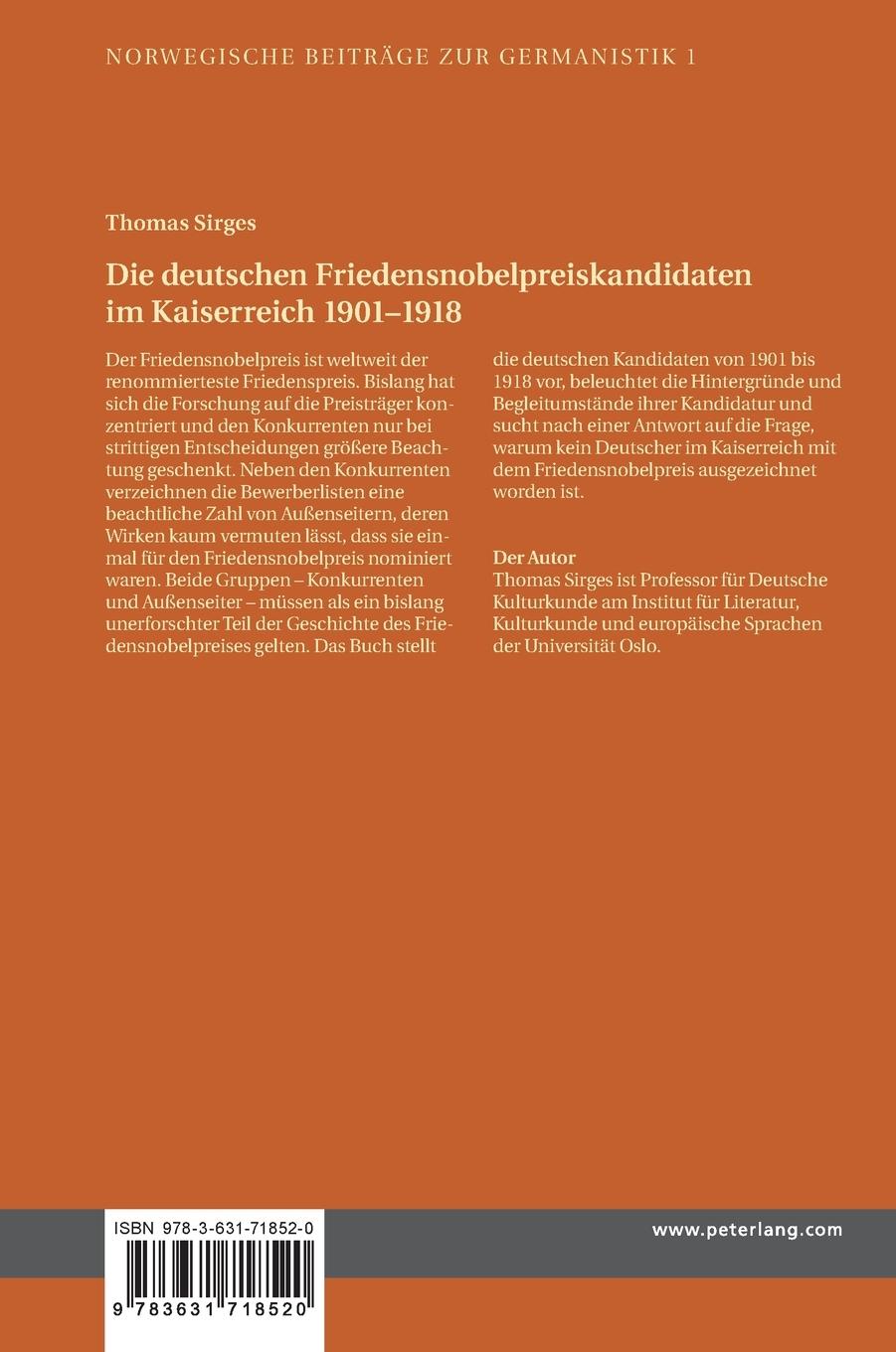 Rückseitencover Die deutschen Friedensnobelpreiskandidaten im Kaiserreich 1901-1918