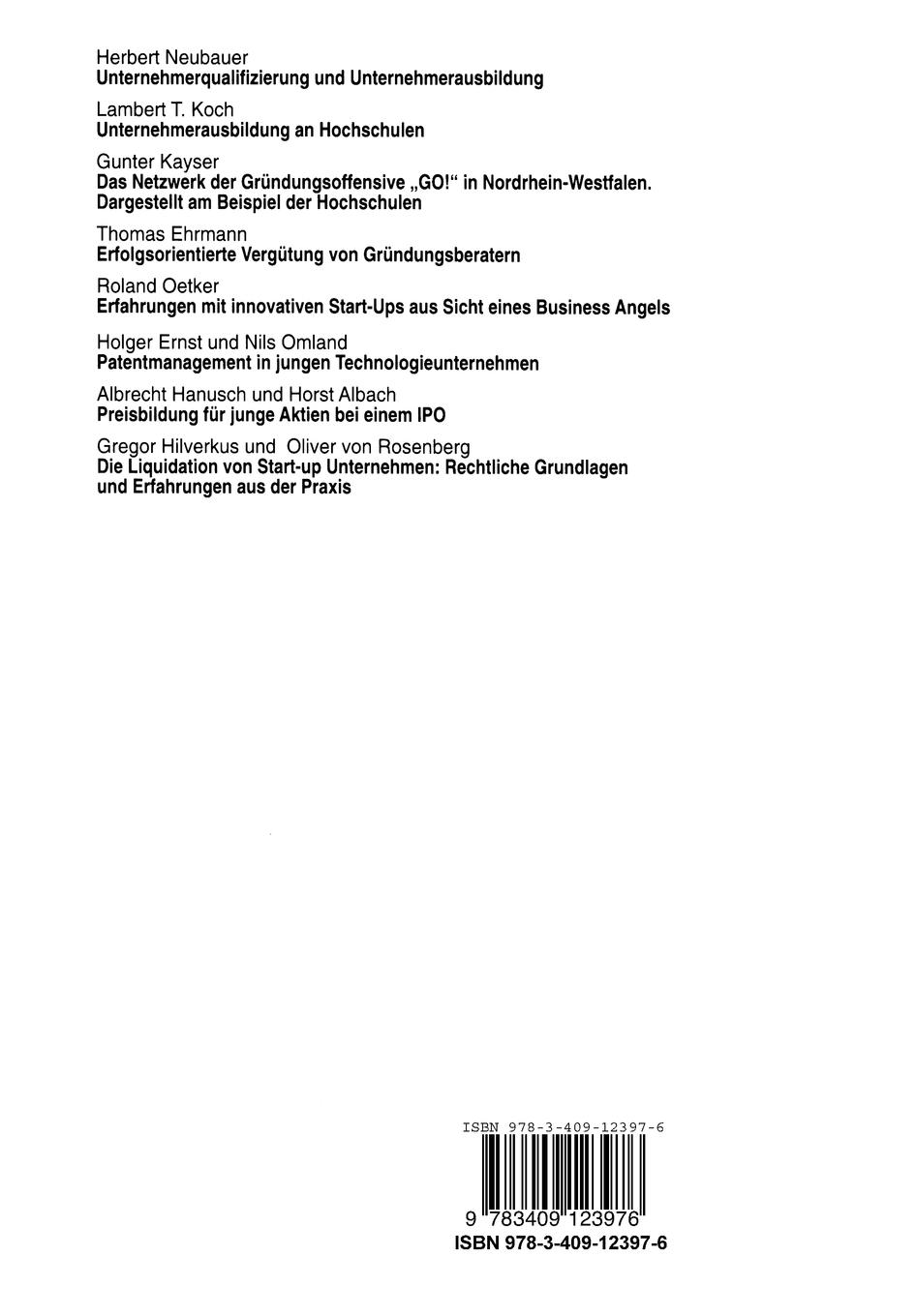 Rückseitencover Von der Gründung bis zur Insolvenz Erfahrungen von Start-Up-Unternehmen