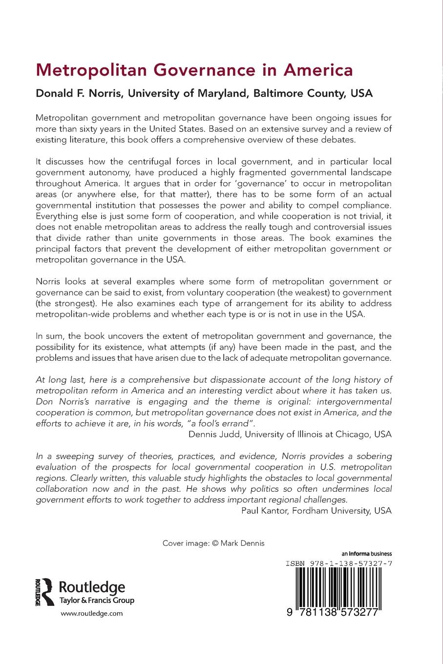 Rückseitencover Metropolitan Governance in America