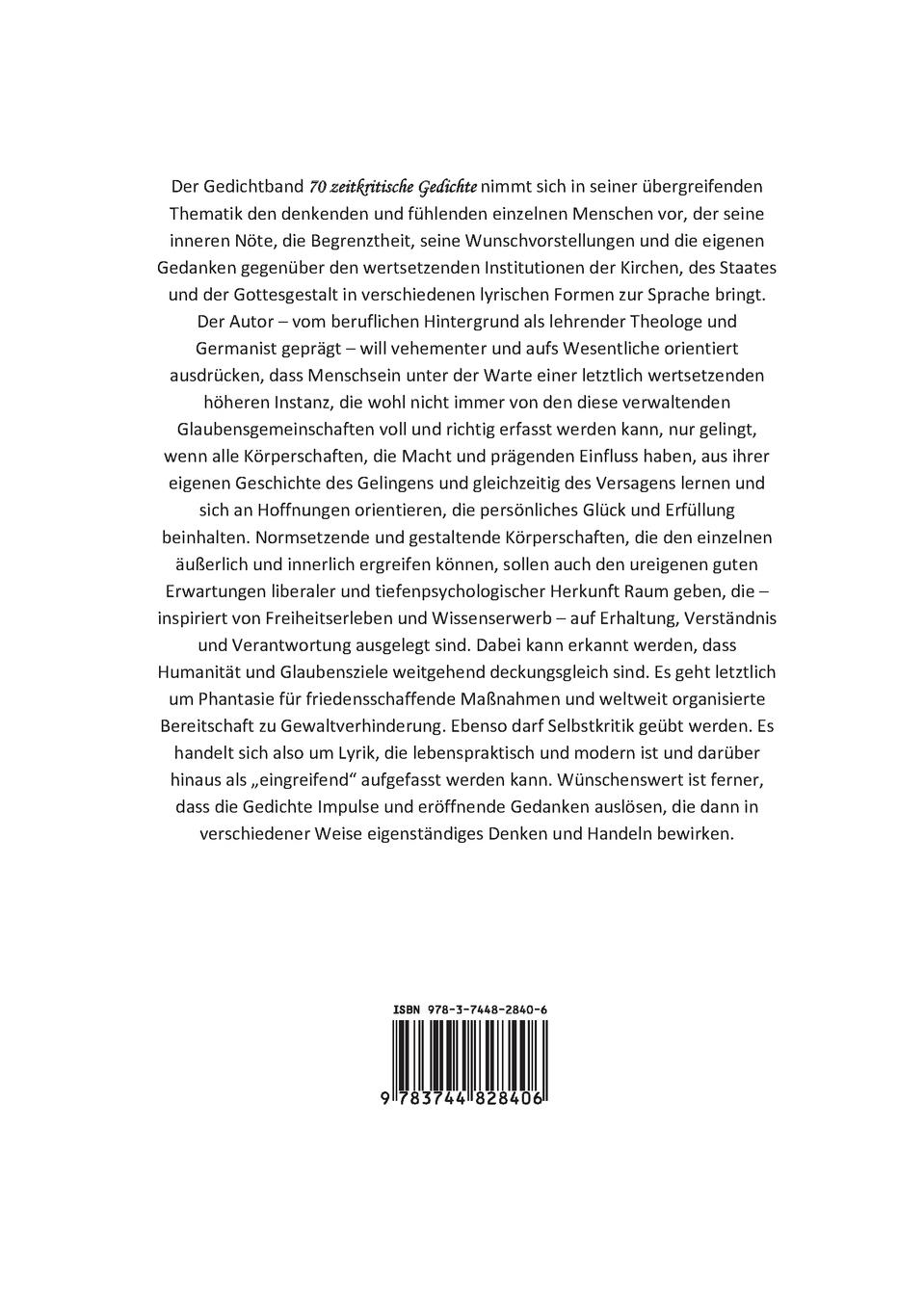 Rückseitencover 70 zeitkritische Gedichte - Anregungen für Staat, Kirchen und das eigene Ich
