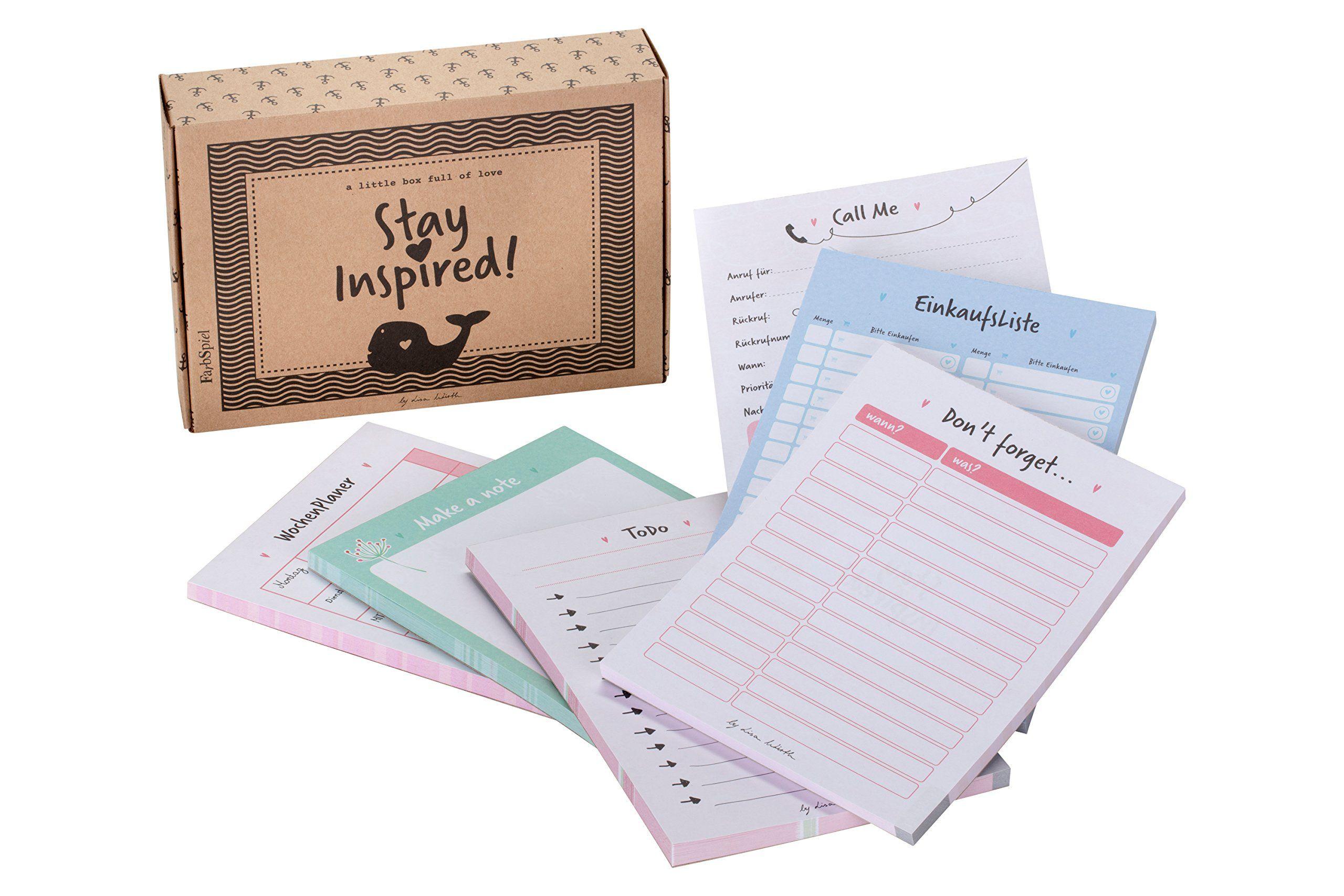 Beispielinhalt (Bild) 6 Blöcke inkl. Wochenplaner, Einkaufsliste, To Do Block/Liste, Notizblock, Kalender Notizblock, Rückruf Notiz, 50 Seiten pro Block, DIN A6, Hochwertige Papierqualität.