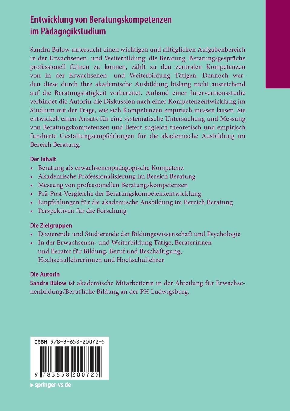 Rückseitencover Entwicklung von Beratungskompetenzen im Pädagogikstudium