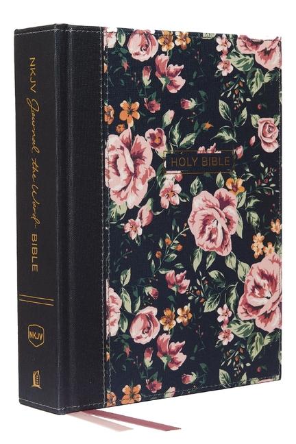 Vorderes Coverbild NKJV, Journal the Word Bible, Cloth Over Board, Gray Floral, Red Letter Edition, Comfort Print