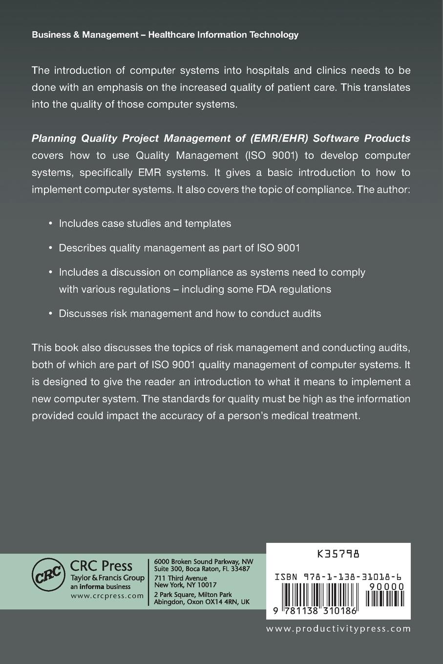 Rückseitencover Planning Quality Project Management of (EMR/EHR) Software Products
