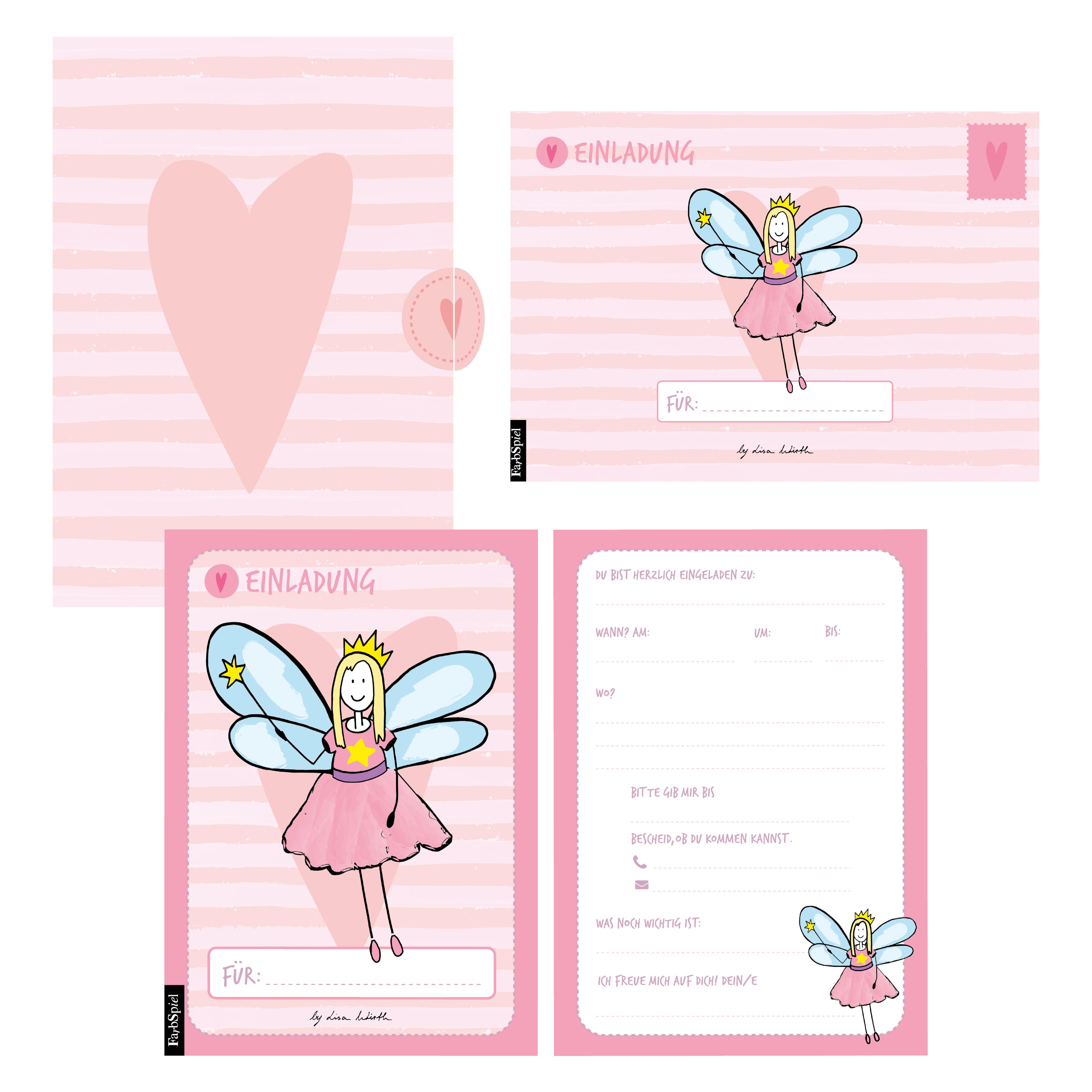 Vorderes Coverbild 12 Einladungskarten Geburtstag Mädchen (Feen). Handgemachte Einladungskarten Kindergeburtstag incl. 12 liebevollen Hand designten Briefumschlägen. Verpackt in einer wundervollen hochwertigen Karton Box. By Lisa Wirth