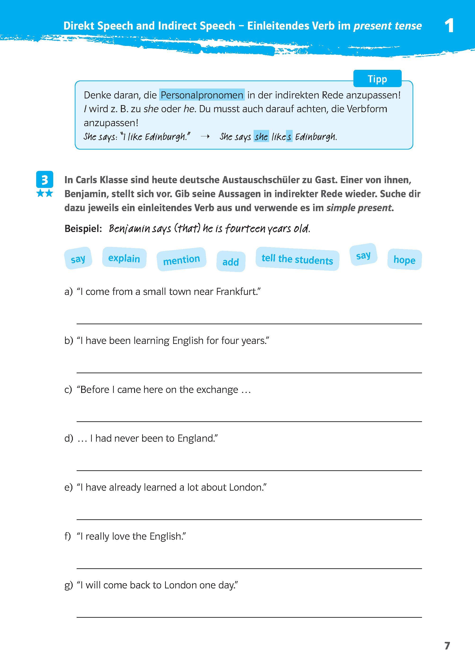 Beispielinhalt (Bild) Klett 10-Minuten-Training Englisch Direct Speech - Indirect Speech 7./8. Klasse. Kleine Lernportionen für jeden Tag