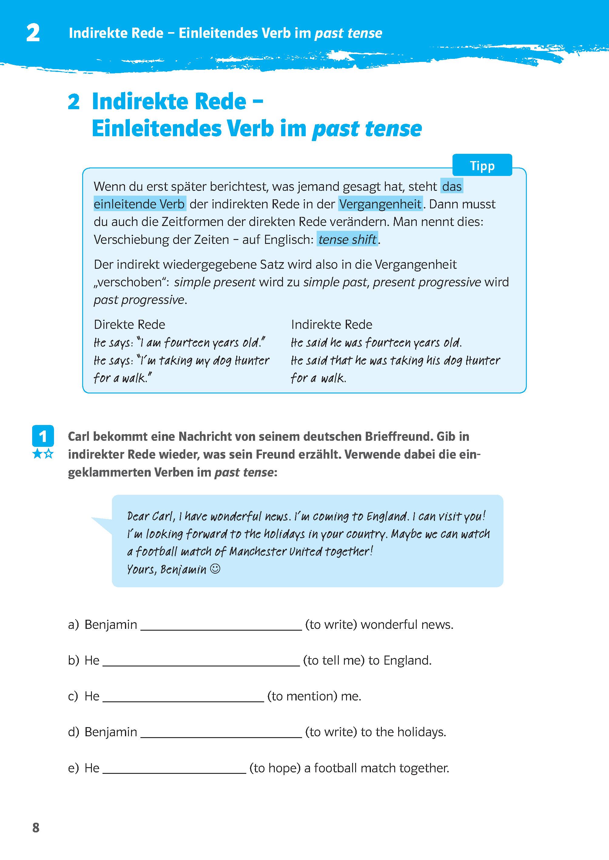 Beispielinhalt (Bild) Klett 10-Minuten-Training Englisch Direct Speech - Indirect Speech 7./8. Klasse. Kleine Lernportionen für jeden Tag