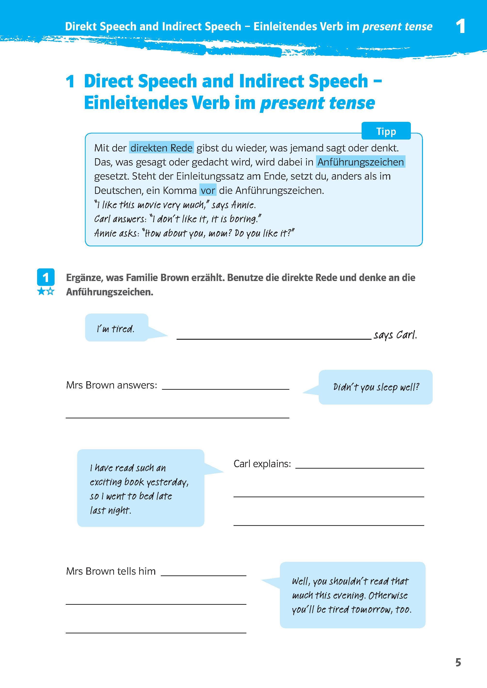 Beispielinhalt (Bild) Klett 10-Minuten-Training Englisch Direct Speech - Indirect Speech 7./8. Klasse. Kleine Lernportionen für jeden Tag