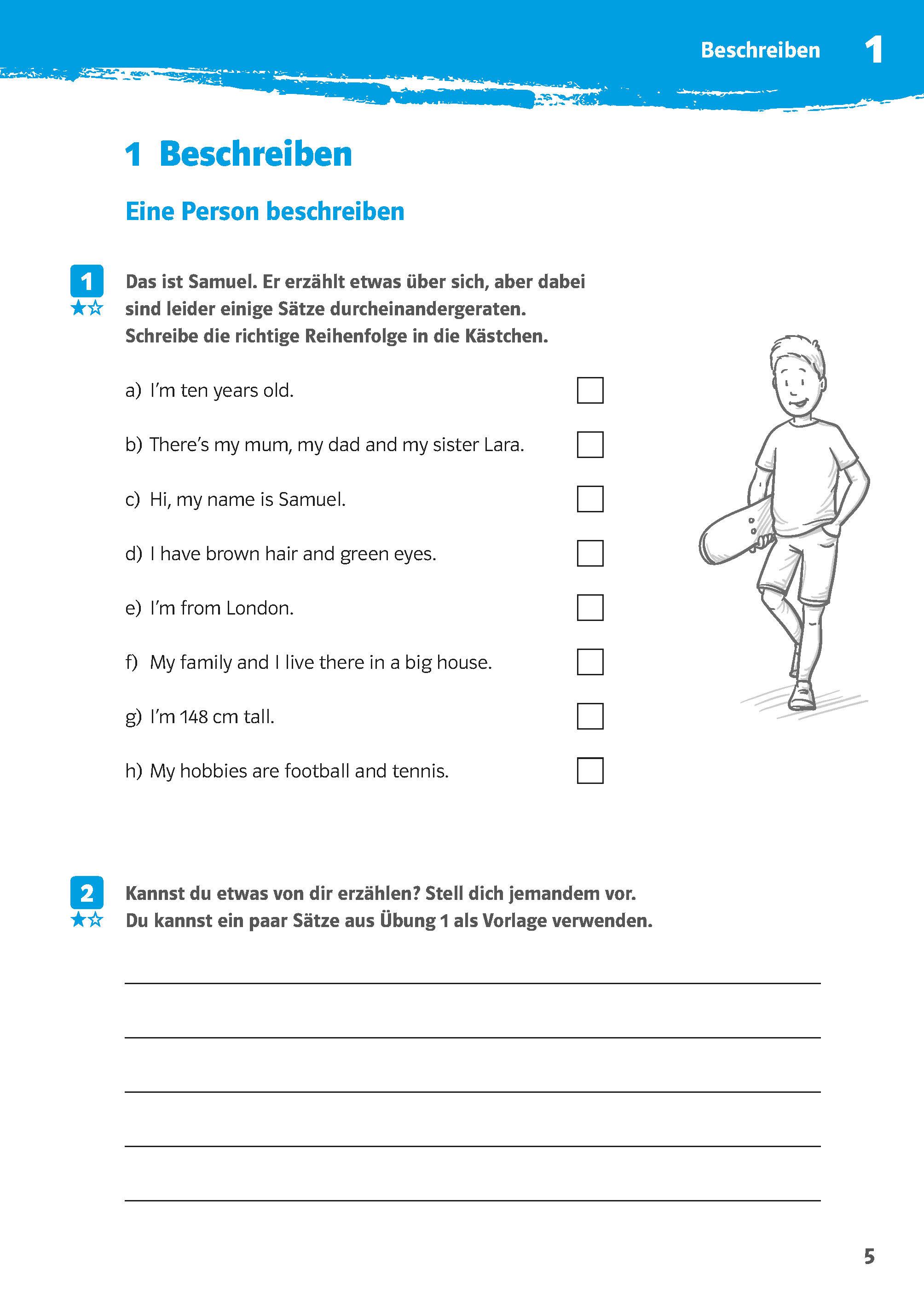 Beispielinhalt (Bild) 10-Minuten-Training Englisch Aufsatz: Erste englische Texte schreiben. 5./6. Klasse. Kleine Lernportionen für jeden Tag
