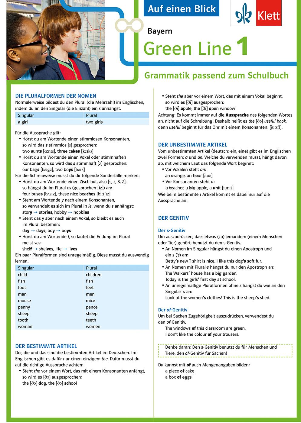 Vorderes Coverbild Green Line 1 Bayern Klasse 5 - Auf einen Blick. Grammatik passend zum Schulbuch - Klappkarte (6 Seiten)