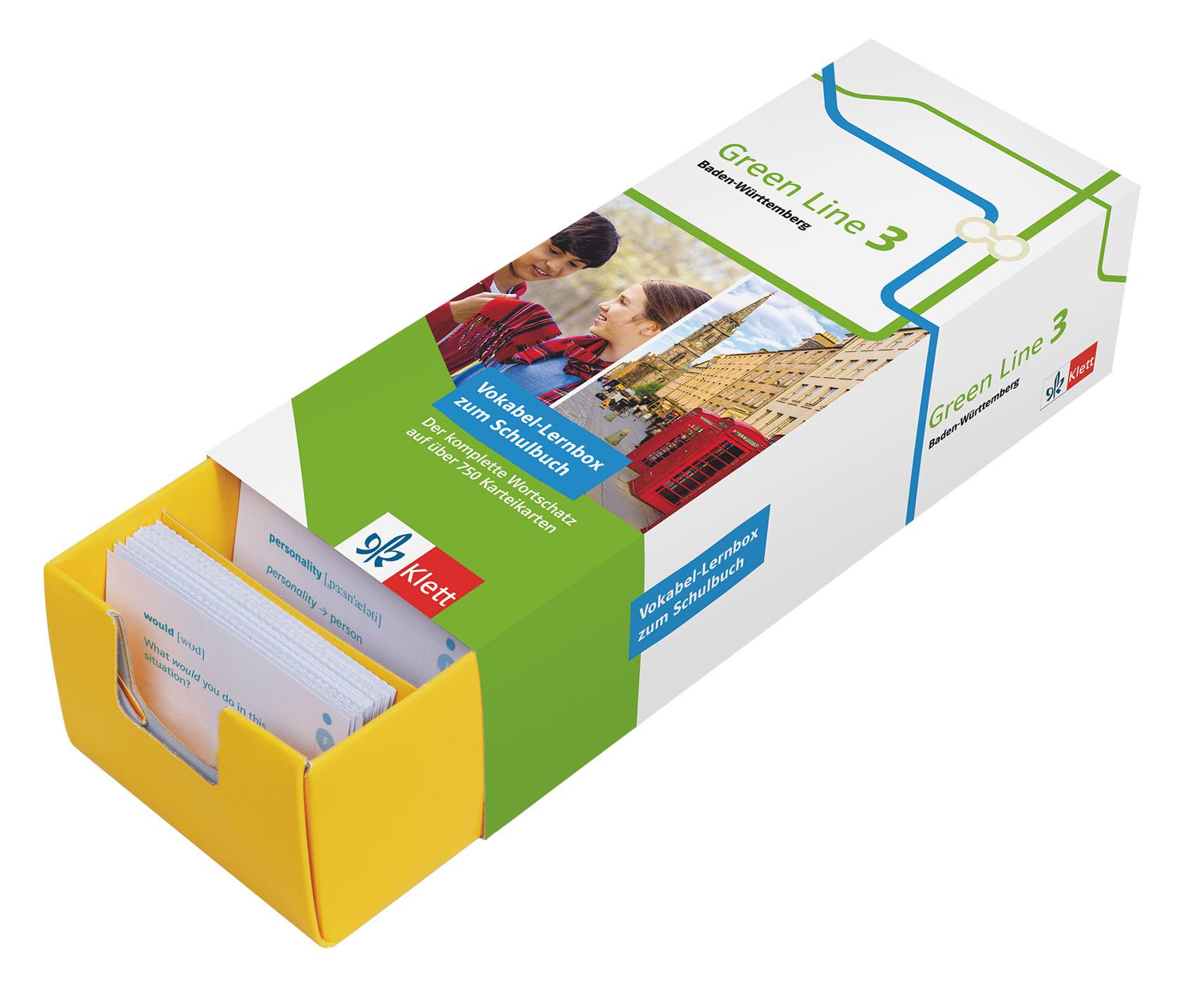 Vorderes Coverbild Vokabel-Lernbox zum Schulbuch. Green Line 3 Baden-Württemberg. Klasse 7