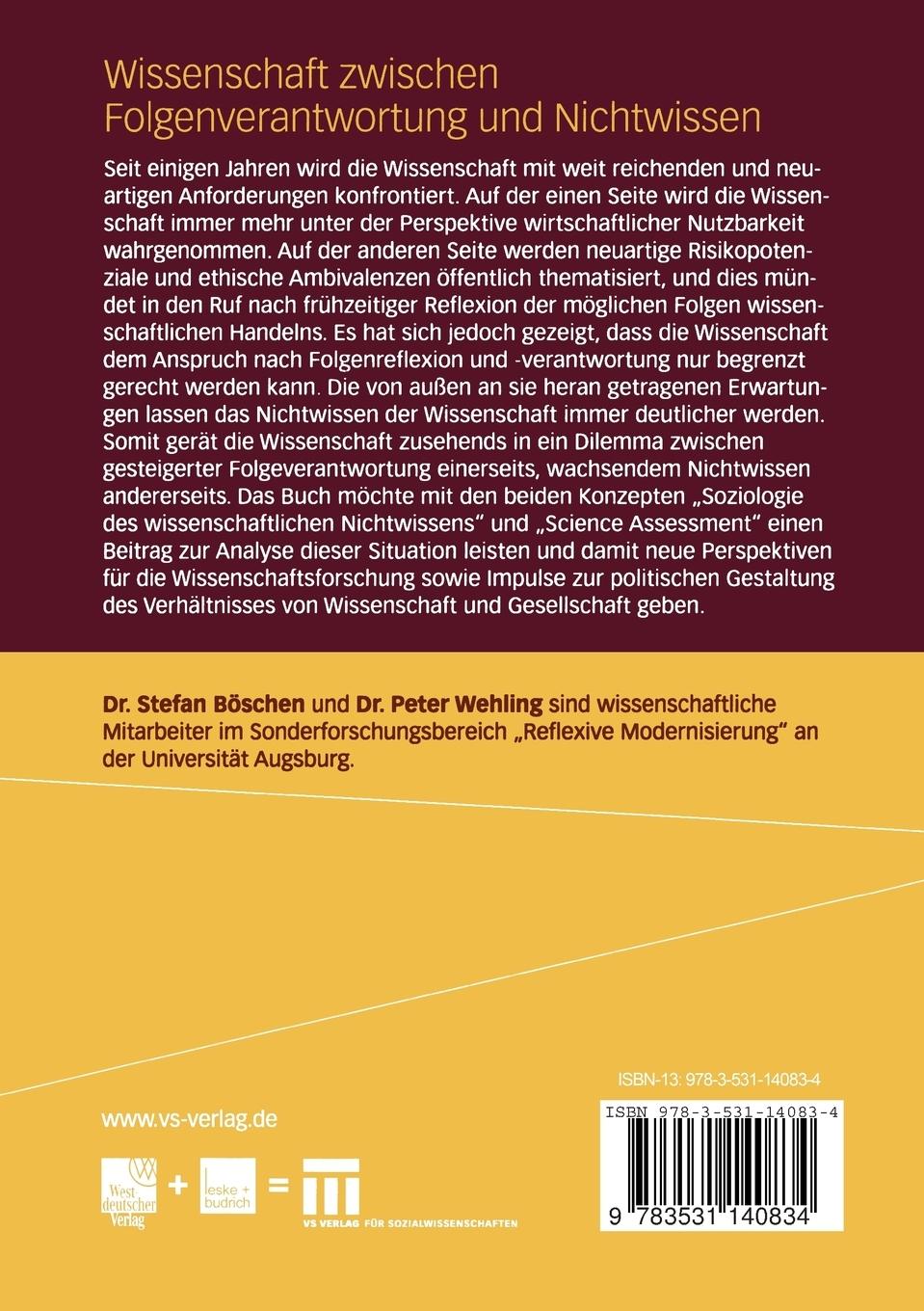 Rückseitencover Wissenschaft zwischen Folgenverantwortung und Nichtwissen