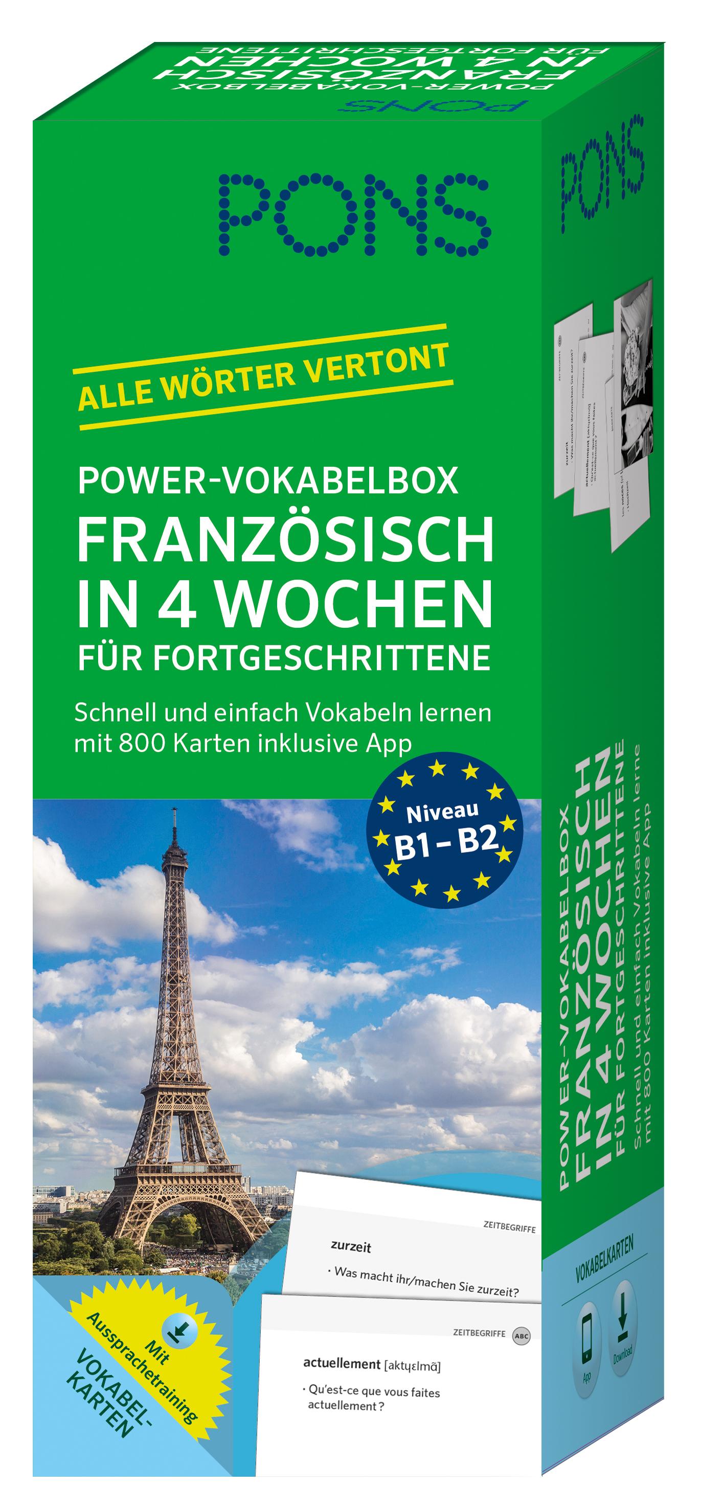 Vorderes Coverbild PONS Power-Vokabelbox Französisch in 4 Wochen für Fortgeschrittene