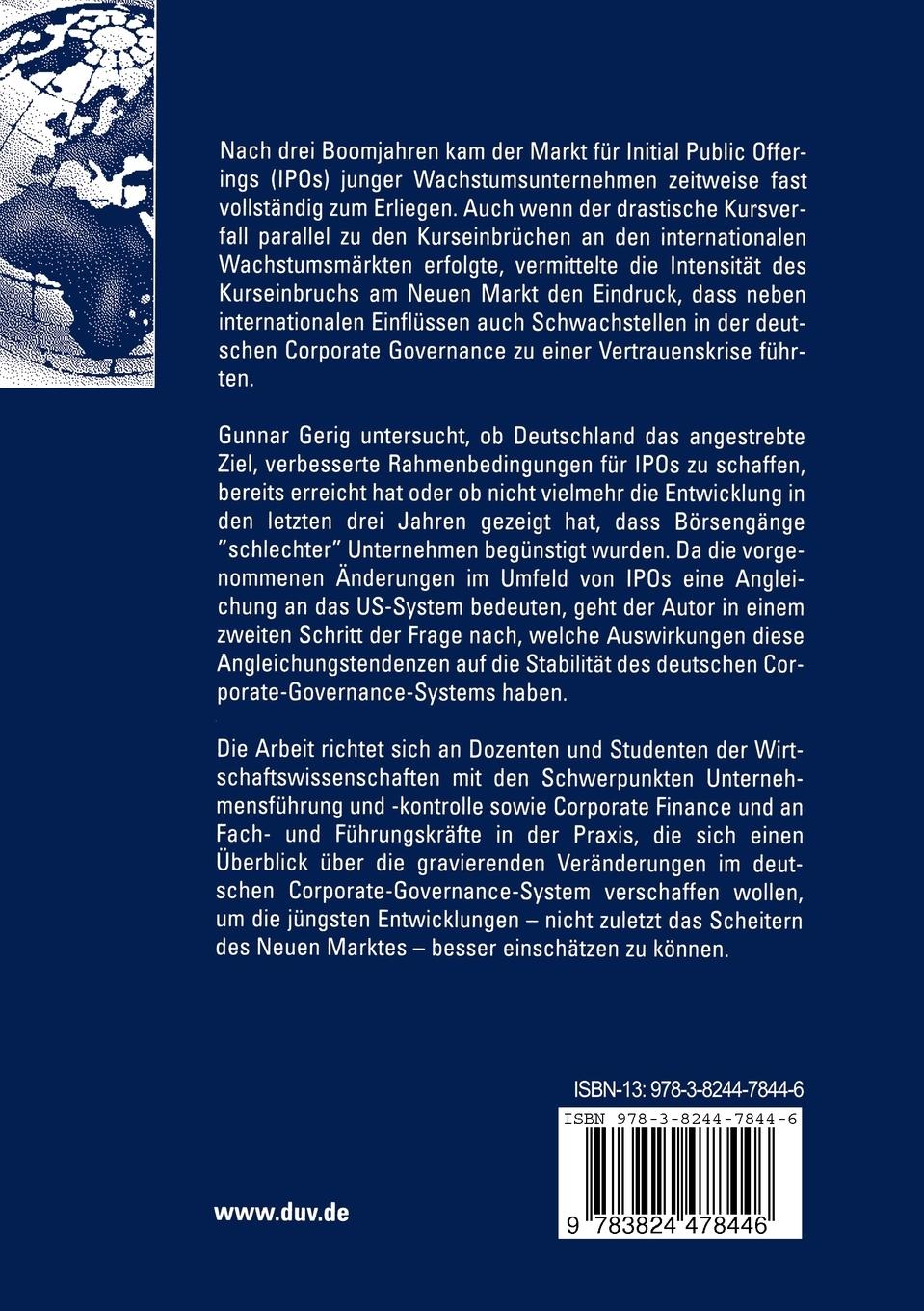 Rückseitencover Börsengänge aus der Perspektive der Corporate Governance