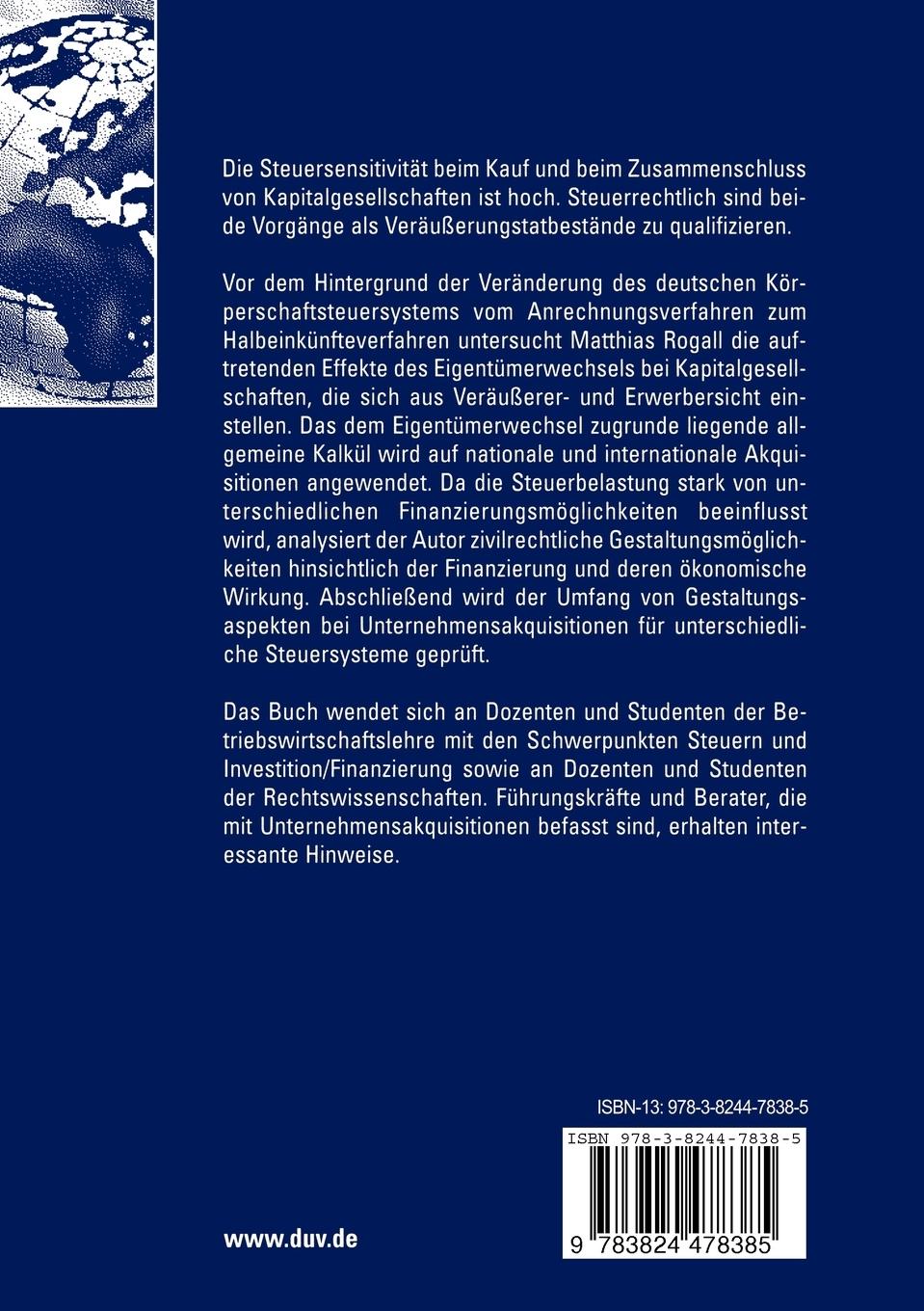 Rückseitencover Die Besteuerung des Kaufs und des Zusammenschlusses von Kapitalgesellschaften